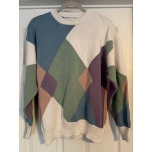 Vtg 90s Dad Sweater Large Bachrach Hand Loomed Cotton Cream Color Block Y2K EUC